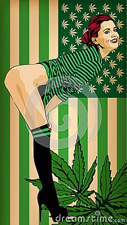 Pretty woman with usa flag green colored. Naked legs. Vector image. Usa flag green colors with marijuana leafs. Vector Illustration