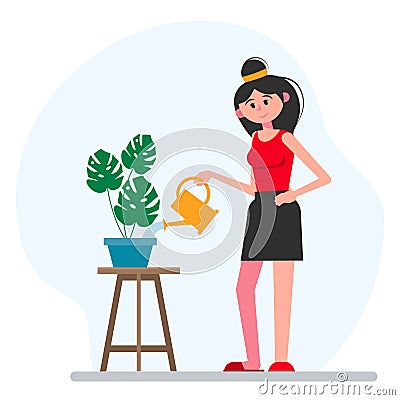 Pretty woman watering a flower in the pot. Young woman gardener grows a flower. Vector Illustration