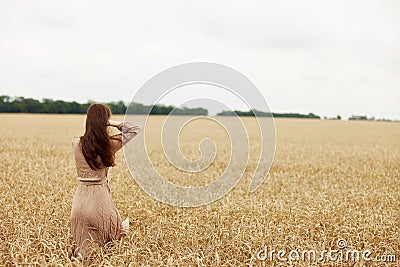 pretty woman Wheat field autumn season concept Stock Photo