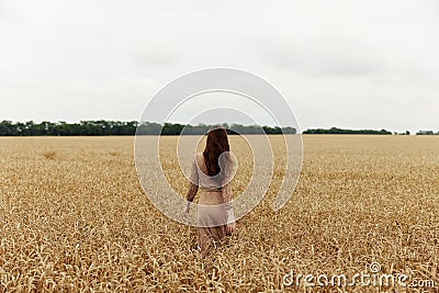 pretty woman Wheat field autumn season concept Stock Photo