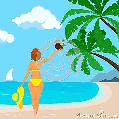 Pretty women in swimsuit with hat, coconut hawaii cocktail at the tropical beach background with palm trees, sea Vector Illustration