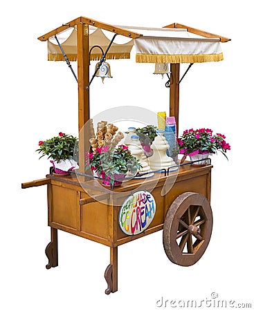 Pretty wooden portable traditional italian picturesque ice cream cart with umbrella on white background for easy selection Stock Photo