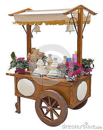Pretty wooden portable traditional italian picturesque ice cream cart with umbrella on white background for easy selection - image Stock Photo