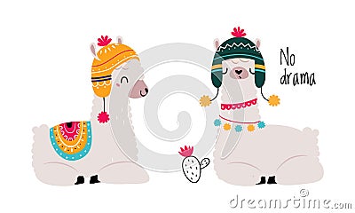 Pretty Wooly Llama or Alpaca Wearing Knitted Hat and Blanket Sitting Vector Set Vector Illustration