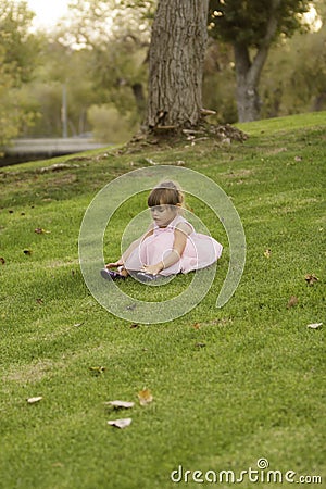 Pretty 3 1/2 year old Asian-Caucasian girl in pink dress Stock Photo