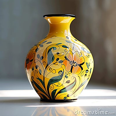 pretty yellow vase with a floral design generative AI Stock Photo