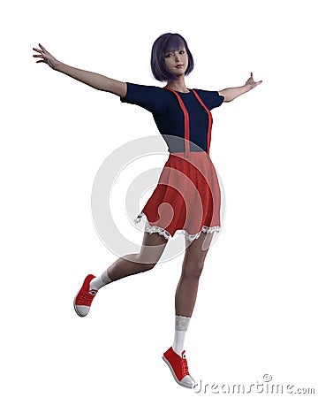 Pretty young adult anime girl dancing in cute outfit. 3D illustration isolated on white background Stock Photo