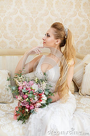 Pretty young Bride`s wedding morning Stock Photo