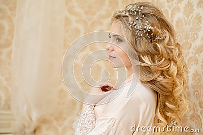 Pretty young Bride`s wedding morning Stock Photo