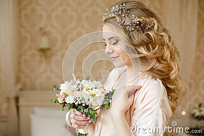 Pretty young Bride`s wedding morning Stock Photo