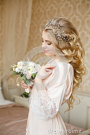 Pretty young Bride`s wedding morning Stock Photo