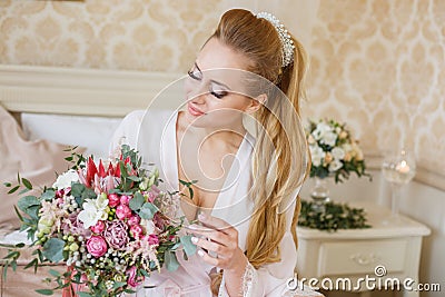 Pretty young Bride`s wedding morning Stock Photo