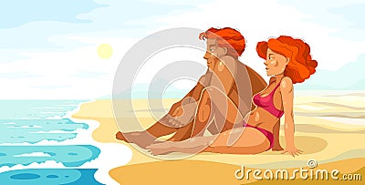 Pretty young couple on sea shore beach calm relaxing and rest looking to the sea. Vector Illustration
