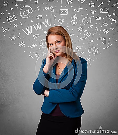 Pretty young girl with abstract white media icon doodles Stock Photo