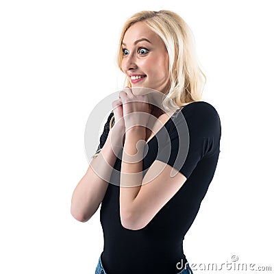 Pretty young lady surprised amazed is super Stock Photo