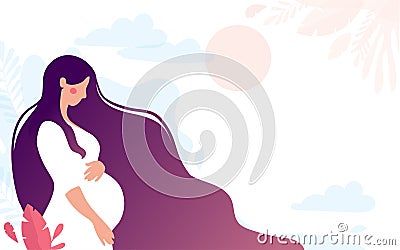 Pretty young pregnant woman. Pregnancy and motherhood. Mom on the background of nature, simple landscape with copy space Vector Illustration