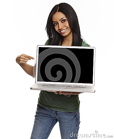 Pretty young woman holding laptop Stock Photo