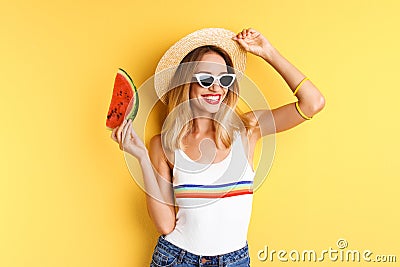 Pretty young woman with juicy watermelon Stock Photo