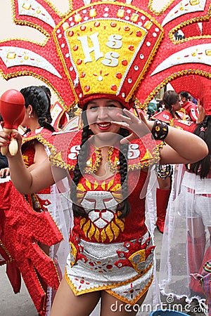 Pretty Young Woman Marches in Carnival Parade, Peru Editorial Stock Photo