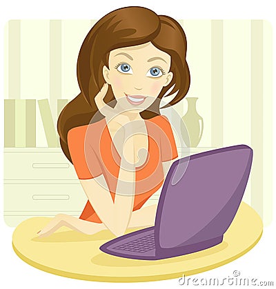 Pretty young woman sitting with a laptop Vector Illustration