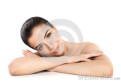 Pretty Young Woman Spa Model. Smiling Woman Relaxing on White Stock Photo