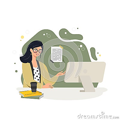 Pretty young woman, teacher working at the computer, studying and shopping online. Flat style vector illustration Vector Illustration