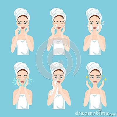 Pretty young woman with a towel around her head and body remove make-up, clean, wash and care her face with sponge. Vector Illustration