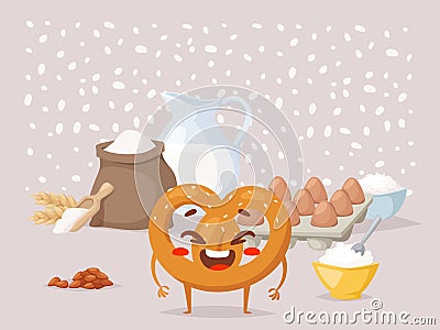 Pretzel recipe cooking class vector illustration. Funny laughing cartoon character, traditional bread snack. Baking Vector Illustration