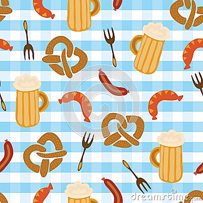 Pretzels beer sausage fork seamless vector pattern Vector Illustration