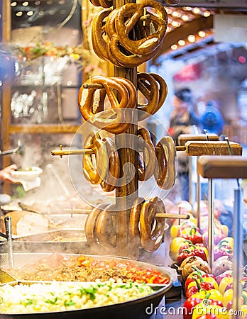 Pretzels and food at German Christmas Market Stock Photo