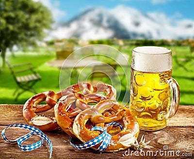 Pretzels and pint of beer to celebrate Oktoberfest Stock Photo