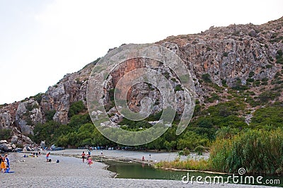 Preveli beach and lagoon seen from Kourtaliotiko gorge on the Crete island, Greece. Stock Photo