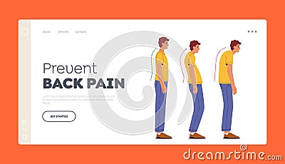 Prevent Back Pain Landing Page Template. Scoliosis and Spine Backbone Curvature Concept. Man Correct and Wrong Posture Vector Illustration