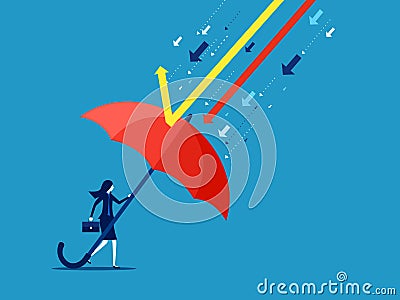 Prevent or control crises. Businesswoman protecting herself with big umbrella from arrows Vector Illustration