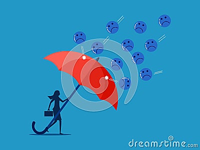 Prevent or control your emotions. Businesswoman protects herself with big umbrella from negative thoughts Vector Illustration