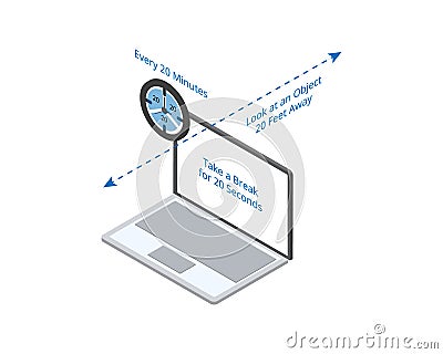 Prevent Eye Strain with the 20-20-20 rule to take a break every 20 minutes and 20 second Vector Illustration