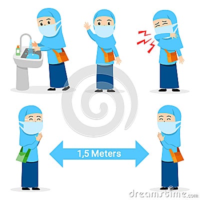 Preventif Act Of Flu Spread By Girl Moslem Student Vector Illustration