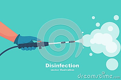 Prevention concept. Disinfection and cleaning. A man in chemical protection disinfects. Vector Illustration