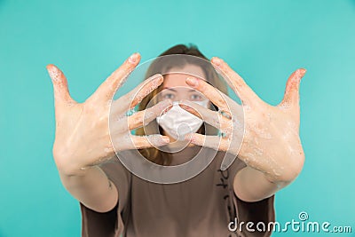 Prevention of coronavirus. Closeup of person washing hands isolated. Cleanliness and body care concept Stock Photo