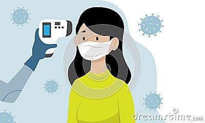 Prevention covid-19. Person measuring temperature to a woman. Vector Illustration