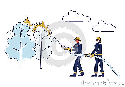 Prevention Of Forest Wildfire Concept.People Rescue Forest From Fire. Global Catastrophe, Climate Cataclysm Vector Illustration