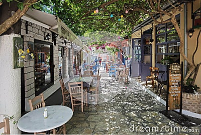 Preveza city buildings alleys taverns in the city in summer noon, greece Editorial Stock Photo