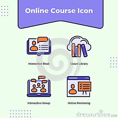 Preview online course icon interactive book cloud library interactive group online mentoring with outline filled color modern flat Vector Illustration