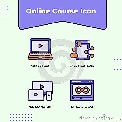 Preview online course icon video course shared bookmark multiple platform limitless access with outline filled color modern flat Vector Illustration