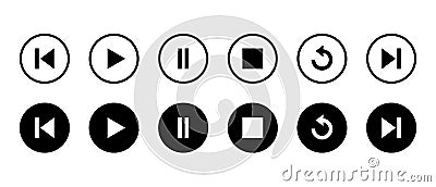 Previous, play, pause, stop, repeat, and next track icon on black circle. Media player control button Vector Illustration