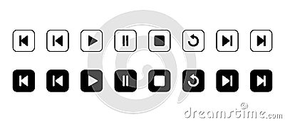 Previous, play, pause, stop, repeat, and next track icon on black square. Media player control button Vector Illustration