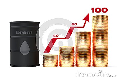 Price brent grow up rise concept. Pile of gold coins. Black oil barrel and money gold coins. 3d illustration Cartoon Illustration