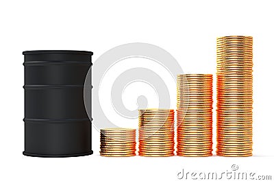 Price oil brent grow up rise concept. Pile of gold coins. Black oil barrel and money gold coins. 3d illustration Cartoon Illustration