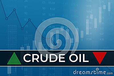 Price change on Crude Oil futures in world on blue finance background from columns, graphs, charts, pillars, candle, arrow. Trend Cartoon Illustration