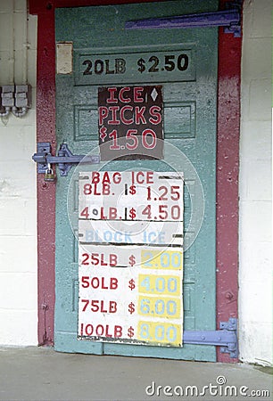 Price on a door of an ice house in Upper Marlboro, Maryland Editorial Stock Photo